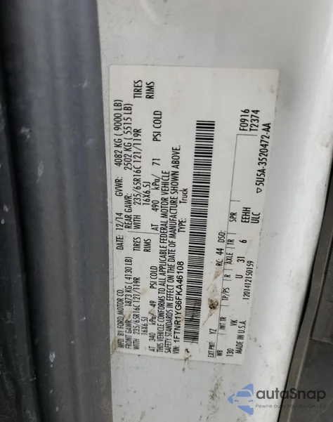 2015 Ford Transit T-250 from USA, damaged, VIN 1FTNR1YG6FKA46108